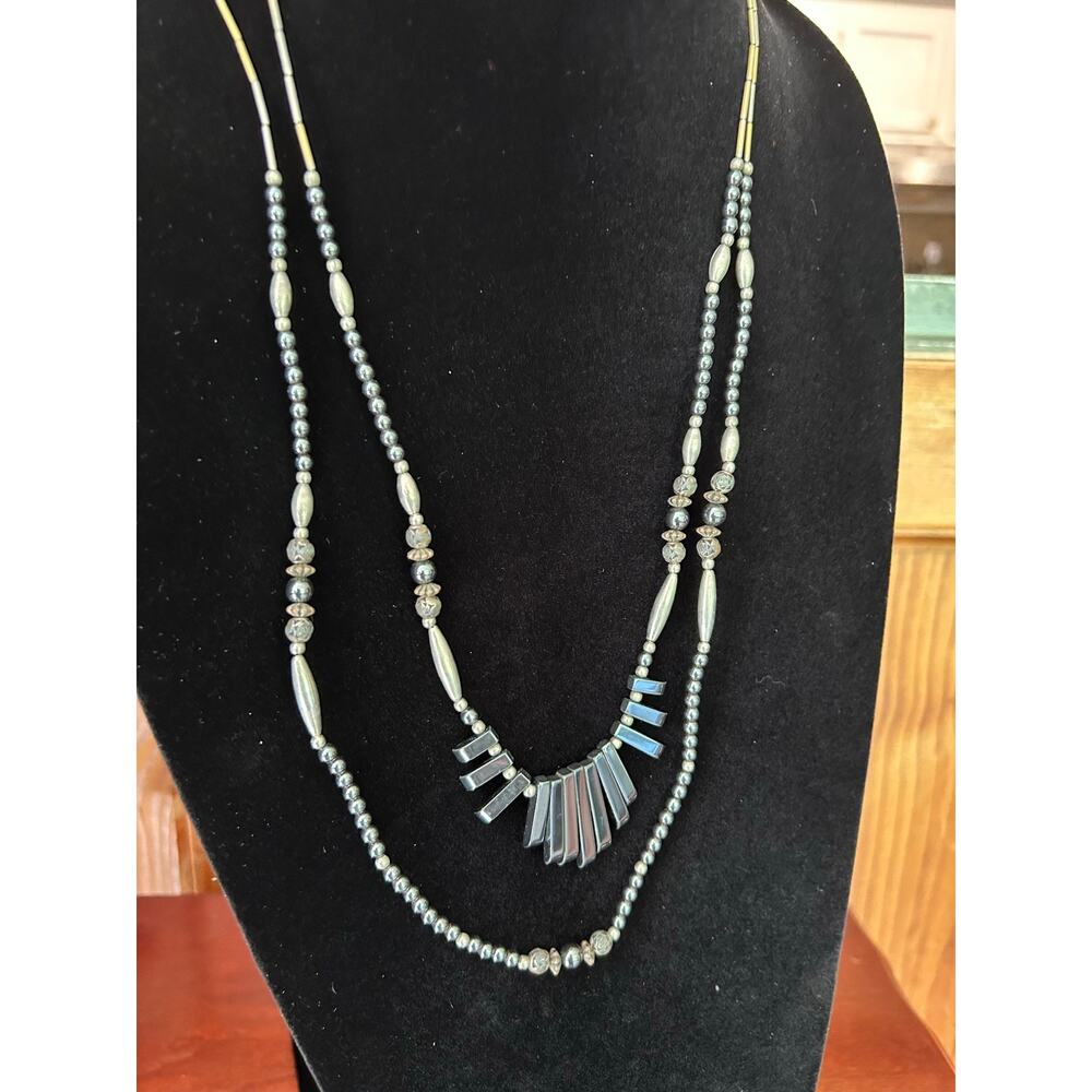 Vintage 2-Strand Liquid Silver & Pearl Necklace Marcasite Accent 28" - Picture 2 of 12